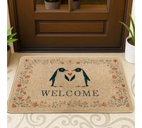 Zerbino con scritta "Welcome" e pinguino beige, per interni ed esterni, decorazione primaverile, in gomma, impermeabile, antiscivolo, assorbe la polvere, facile da pulire, 73 x 43 cm