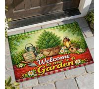 Zerbino con scritta "Welcome Welcome", in stile rustico, con annaffiatoio primaverile, verde primavera, antiscivolo, ideale come decorazione per esterni, per porta d'ingresso, patio, 73 x 43 cm