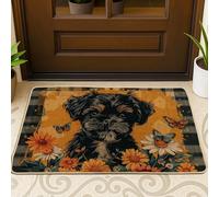 Zerbino con simpatico cane, nero e marrone chiaro, tappetino di benvenuto per ingresso primaverile ed estivo, decorazione floreale, tappetini in gomma antiscivolo assorbente per porta d'ingresso