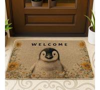 Zerbino con simpatico pinguino di benvenuto, design floreale giallo per decorazione primaverile per esterni e interni, in gomma, antiscivolo, assorbe la polvere, facile da pulire, 73 x 43 cm