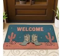 Zerbino con stivali da cowboy, tappetino di benvenuto in stile occidentale blu per interni ed esterni, decorazione per ingresso, antiscivolo, anti-polvere, facile manutenzione, 73 x 43 cm