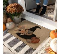 Zerbino con strega di Halloween, cappello nero e zucca, zerbino per autunno per interni ed esterni, in gomma, impermeabile, antiscivolo, assorbe la polvere, facile da pulire, 73 x 43 cm