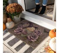 Zerbino con strega di Halloween, motivo rose e pipistrelli, per interni ed esterni, in gomma antiscivolo, impermeabile, assorbe la polvere, facile da pulire, 73 x 43 cm