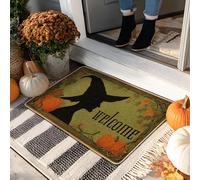 Zerbino con strega di Halloween, tappetino di benvenuto verde per interni ed esterni, tappeto in gomma antiscivolo, facile da pulire, assorbe la polvere, 73 x 43 cm