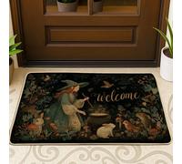 Zerbino con strega e animali della foresta, per ingresso esterno e interno, decorazione rustica per Halloween, in gomma, antiscivolo, assorbe la polvere, facile da pulire, 73 x 43 cm