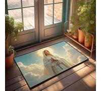 Zerbino con testo divertente, motivo: donna in vesti bianche, con aureola luminosa in piedi tra le nuvole, set di tappetini da bagno, decorazione divertente per esterni (65 x 90 cm)