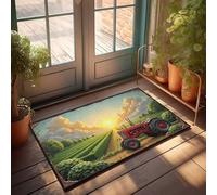 Zerbino con trattore rosso su un sentiero sereno della fattoria al tramonto, zerbino divertente per esterni (40 x 60 cm)