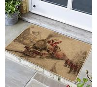 Zerbino con trenino di Babbo Natale, stile vintage, per interni ed esterni, decorazione invernale per le vacanze, in gomma, lavabile, antiscivolo, per porta d'ingresso, 73 x 43 cm