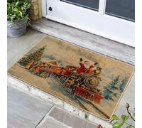 Zerbino con trenino di Babbo Natale, vintage, rosso, per decorazione natalizia invernale, antiscivolo, per interni ed esterni, in gomma, lavabile, 73 x 43 cm