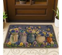 Zerbino con viola del pensiero, floreale rustico farfalla vaso primavera blu gomma antiscivolo sotto zerbino tappeto per casa ufficio esterno interno ingresso decorazione 79 x 43 cm