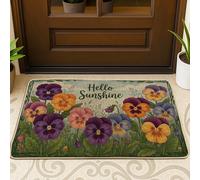Zerbino con viola del pensiero, motivo floreale rustico con foglie viola primaverile, lavabile, a basso profilo, decorazione per esterni, porta d'ingresso, patio, 73 x 43 cm