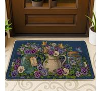 Zerbino con viole del pensiero, floreale rustico con farfalle e barattoli di primavera, blu, antiscivolo, cattura lo sporco, zerbino di benvenuto, decorazione per ingresso, portico, bagno, ufficio, 73