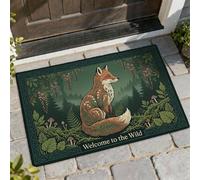 Zerbino con volpe e scritta "Welcome", con foglie rustiche e funghi, lavabile, a basso profilo, decorativo, per ingresso, portico, bagno, ufficio, 73 x 43 cm