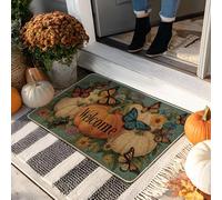 Zerbino con zucca di benvenuto, con farfalle blu, per esterni e interni, per decorazione autunnale, in gomma, impermeabile, antiscivolo, assorbe la polvere, facile da pulire, 73 x 43 cm