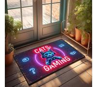 Zerbino da esterni con gatto al neon: il futuro dei felini virtuali? Zerbino decorativo per interni con divertenti scarpe (65 x 90 cm)