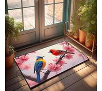 Zerbino decorativo per la stanza dei ragazzi, con due uccelli colorati appollaiati su rami di ciliegio, divertente decorazione per il bagno, zerbino invernale per esterni (50 x 80 cm)
