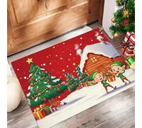 Zerbino di Benvenuto, 40x60 cm Tappetino Elfi Natale Alberi Pino E Piccole Case Legno Antiscivolo Lavabile Zerbino Trappola Sporco Libri Per Bambini Tappeto d'Ingresso per Patio, Veranda, Rosso