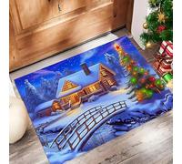 Zerbino di Benvenuto, 60x120 cm Tappetino Capanna Nella Foresta Antiscivolo Lavabile Zerbino Trappola Sporco Vigilia Di Natale Tappeto d'Ingresso Assorbente per Patio, Veranda, Bagno, Blu Scuro