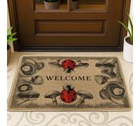 Zerbino di benvenuto a forma di coccinella e fungo, con insetti rossi, per interni ed esterni, per decorazione primaverile, stile vintage, antiscivolo, impermeabile, facile da pulire, 73 x 43 cm