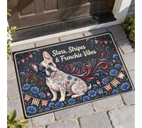 Zerbino di benvenuto con cani francesi, stelle colorate e strisce, blu, lavabile, a basso profilo, decorativo, per ingresso, portico esterno, balcone, 73 x 43 cm