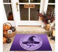 Zerbino di benvenuto con cappello da strega, fantasioso con testo festivo cerchio viola lavabile a basso profilo zerbino per pavimento per casa interni ed esterni ingresso portico decorazione 73 x 43