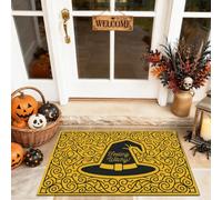 Zerbino di benvenuto con cappello da strega, fantasioso con vortici festivi con testo di Halloween giallo, antiscivolo, per pavimento, ingresso, portico, bagno, ufficio, 73 x 43 cm