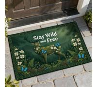 Zerbino di benvenuto con cervo, natura rustica farfalla fiore primavera verde lavabile a basso profilo tappetino per ingresso esterno portico balcone 73 x 43 cm