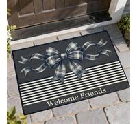 Zerbino di benvenuto con fiocco, classico ed elegante testo a righe, nessuno blu navy, antiscivolo, decorativo, decorazione per esterni per porta d'ingresso, patio, 73 x 43 cm