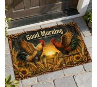 Zerbino di benvenuto con gallo, rustico con girasole e alba mattina dorata, lavabile, a basso profilo, per casa, interni, esterni, ingresso, portico, decorazione, 73 x 43 cm
