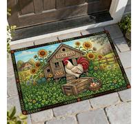 Zerbino di benvenuto con gallo, rustico, girasoli e uova, verde primavera, antiscivolo, decorativo, decorazione per la casa per ingresso, portico esterno, balcone, 73 x 43 cm