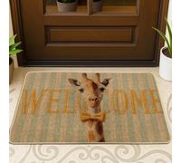 Zerbino di benvenuto con giraffa, tappetino da ingresso marrone a righe per interni ed esterni, decorazione rustica con animali, tappetino assorbente in gomma antiscivolo, facile da pulire, 73 x 43 cm