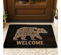 Zerbino di benvenuto con orso rustico, motivo floreale marrone, per interni ed esterni, in gomma antiscivolo, impermeabile, antipolvere, facile da pulire, 73 x 43 cm