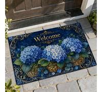 Zerbino di benvenuto con ortensie, classico ed elegante, con cestini e foglie primaverili, lavabile, a basso profilo, decorativo, per casa, interni, esterni, ingresso, portico, 73 x 43 cm