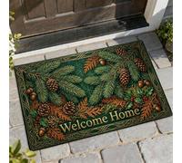Zerbino di benvenuto con pigne e ghiande rustiche invernali, colore verde, lavabile, a basso profilo, decorazione per ingresso, portico, bagno, ufficio, 73 x 43 cm