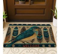 Zerbino di benvenuto con piume di uccello, colore blu foglia di tè, zerbino decorativo per interni ed esterni, decorazione stagionale, tappeto antiscivolo, antipolvere, facile da pulire, 73 x 43 cm