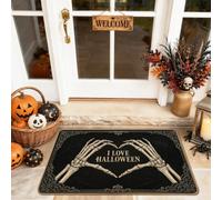 Zerbino di benvenuto con scheletro e mani di benvenuto, con testo a forma di cuore per Halloween, nero, lavabile, a basso profilo, decorazione per la casa, per ingresso, veranda, balcone, 73 x 43 cm