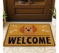 Zerbino di benvenuto con simpatico cane, tappetino per ingresso cucciolo giallo per gli amanti degli animali, uso interno ed esterno, gomma antiscivolo e facile da pulire, 73 x 43 cm