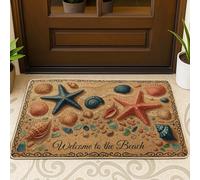 Zerbino di benvenuto con stella marina, spiaggia costiera e conchiglie sabbia estate blu gomma antiscivolo sotto zerbino tappeto decorazione per la casa per ingresso esterno portico balcone 73 x 43 cm