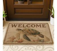 Zerbino di benvenuto con tartaruga marina, beige, per interni ed esterni, decorazione costiera, in gomma, impermeabile, antiscivolo, assorbe la polvere, facile da pulire, 73 x 43 cm