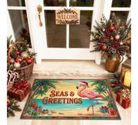 Zerbino di benvenuto con uccelli tropicali, 73 x 43 cm | Tappeto da ingresso a tema spiaggia tropicale, decorazione costiera, cappello di Babbo Natale, uccello tropicale