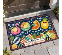 Zerbino di benvenuto con uccelli tropicali, ananas e anguria tropicale, colore blu, lavabile, a basso profilo, decorazione per esterni, per porta d'ingresso, patio, 73 x 43 cm