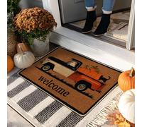 Zerbino di benvenuto con zucca autunnale, camion arancione, decorazione per interni ed esterni, in gomma, antiscivolo, assorbe la polvere, facile da pulire, 73 x 43 cm