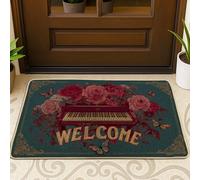 Zerbino di benvenuto elegante con motivo floreale, rosa bordeaux e pianoforte, decorazione per interni ed esterni, tappetino antipolvere, in gomma antiscivolo, facile da pulire, 73,6 x