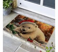 Zerbino di Natale orso polare invernale innevato esterno ed interno bel cappello rosso, tappetino anteriore in gomma antiscivolo, facile da pulire, 73,7 x 43,2 cm