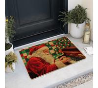Zerbino di Natale rosso con motivo Babbo Natale che suona il pianoforte, per interni ed esterni, in gomma antiscivolo, lavabile, per ingresso di festa, 71 x 40 cm