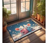 Zerbino divertente con due simpatici topolini con piume e regali, zerbino per interni per ingresso della porta d'ingresso, tappetino estivo (65 x 90 cm)