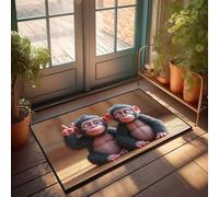 Zerbino estivo di benvenuto con due scimmie carine che fanno segni di pace, zerbino decorativo per esterni (40 x 60 cm)