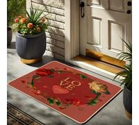 Zerbino floreale a forma di cuore e rosa per decorazione primaverile all'aperto e interni in gomma impermeabile antiscivolo assorbente polvere facile da pulire 73 x 43 cm