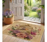 Zerbino floreale con gabbia per uccelli, motivo rose di pesca, per interni ed esterni, decorazione primaverile, antiscivolo, impermeabile, antipolvere, facile da pulire, 73 x 43 cm