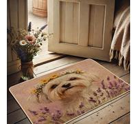 Zerbino floreale con muso di cane giallo, decorato con fiori gialli, per interni ed esterni, per la stagione primaverile, antiscivolo, anti-polvere, facile da pulire, 73 x 43 cm